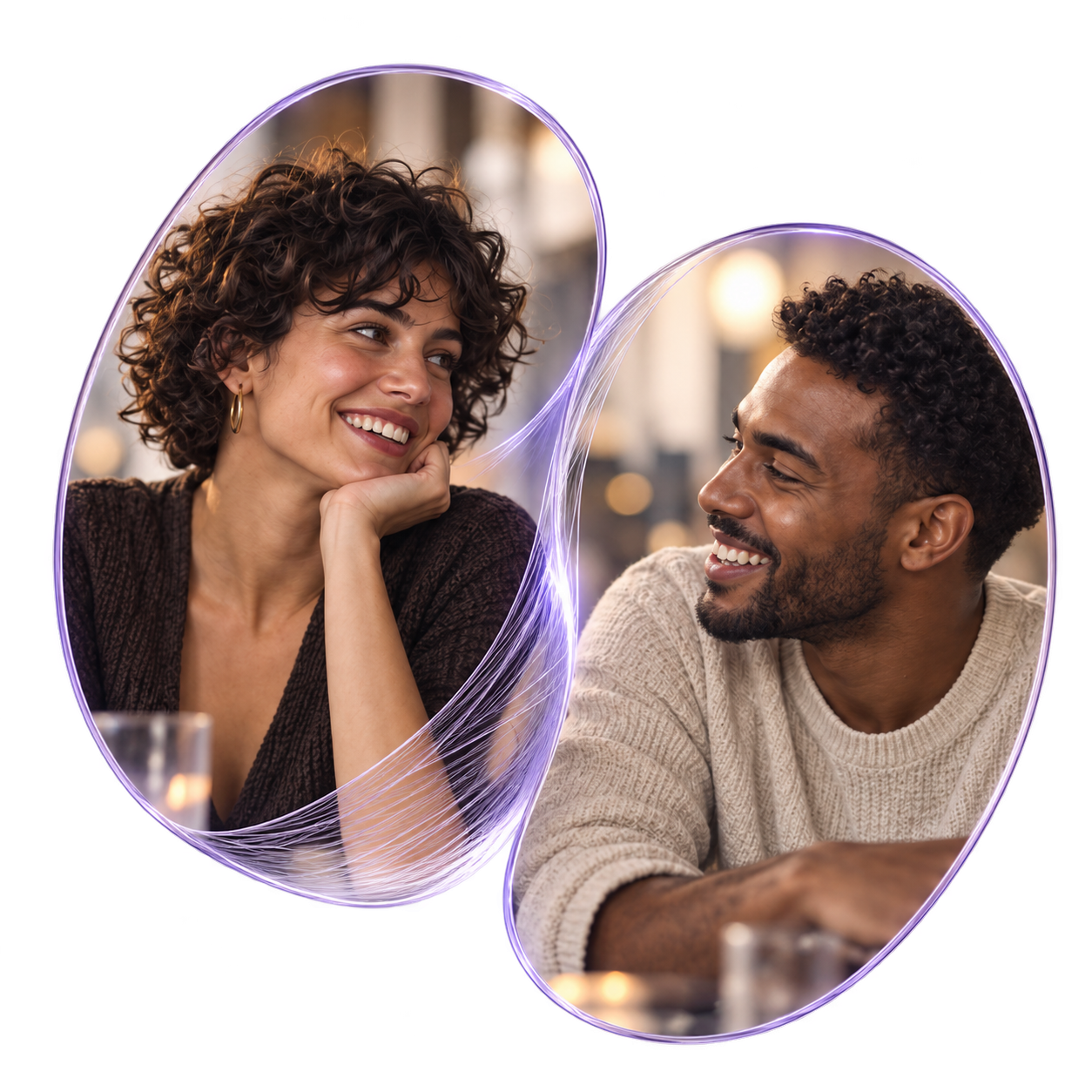 Two adults sharing a warm smile, framed by intertwined violet glass